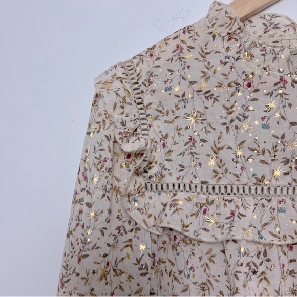 Iriserly Floral Gold Stars Ruffle Prairie Lightweight Romantic Feminine Blouse S - Picture 6 of 16